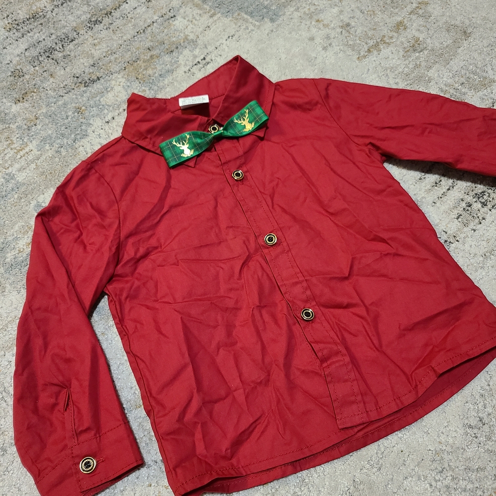Red Button-Up Shirt with Green Bow Tie